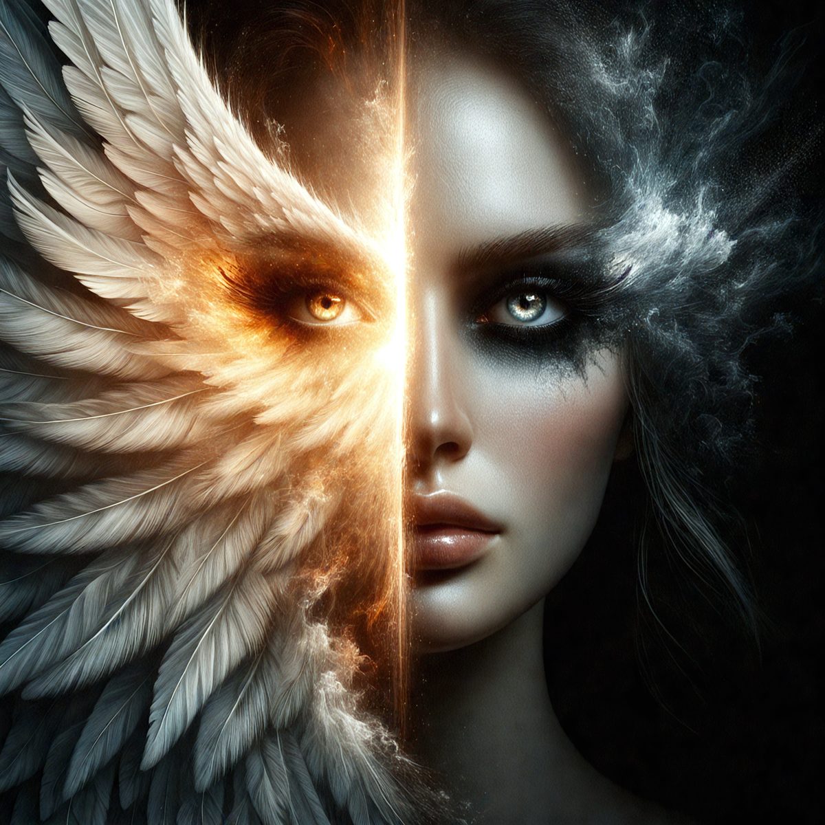 The image features a woman with a slender body and a pair of wings, forming a unique silhouette. The wings are positioned in the upper left corner of the image, while the woman's face is positioned in the lower right corner. The wings are positioned in a symmetrical fashion, with the wings positioned in the upper left corner and the lower right corner. The wings are positioned in a symmetrical fashion, with the wings positioned in the upper left corner and the lower right corner. The image is a